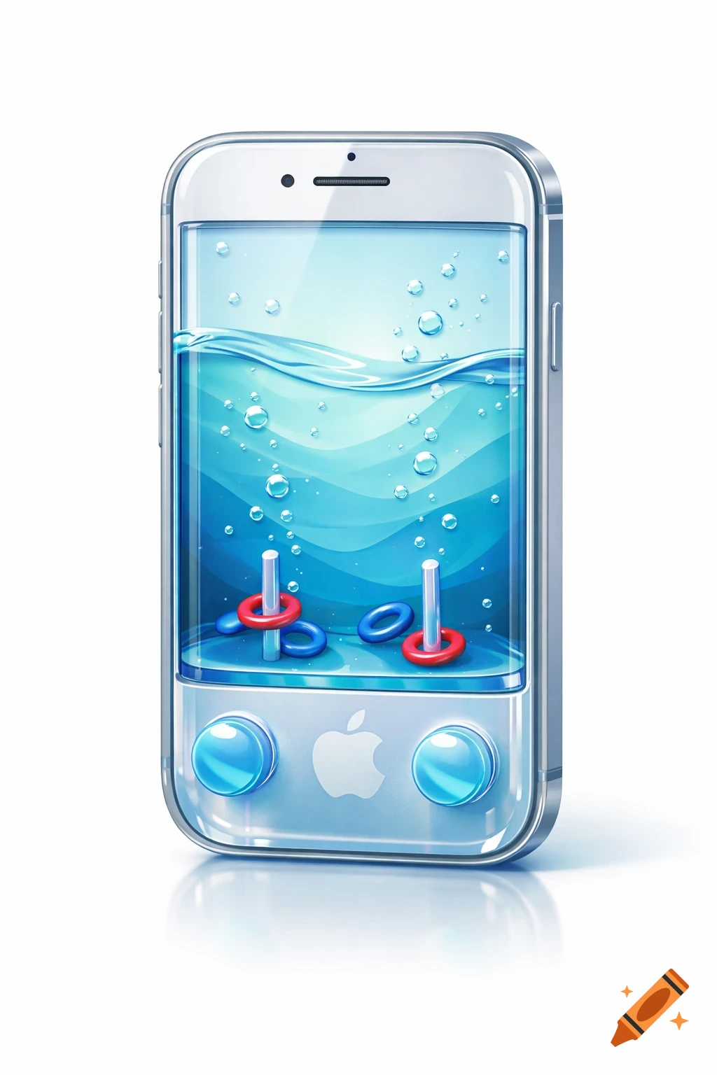 A silver smartphone with a water ring toss game on its screen, featuring blue water, bubbles, rings, and pegs. An Apple logo is below the screen.