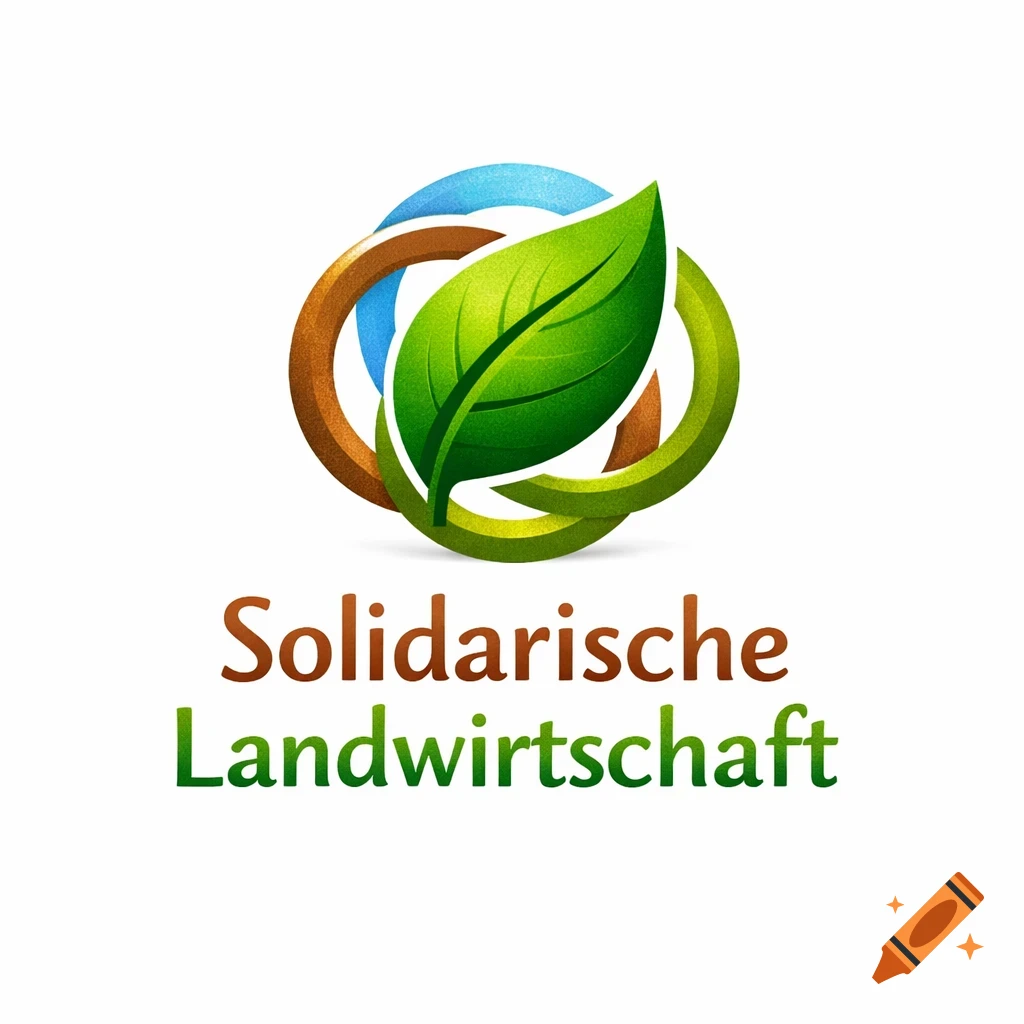 A logo with a green leaf inside intertwining blue, brown, and green rings, with 'Solidarische Landwirtschaft' text below.
