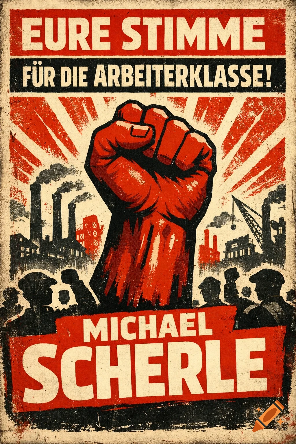 A vintage-style socialist propaganda poster with a raised red fist, factory silhouettes, and a crowd. Text reads: "Eure Stimme für die Arbeiterklasse! Michael Scherle"