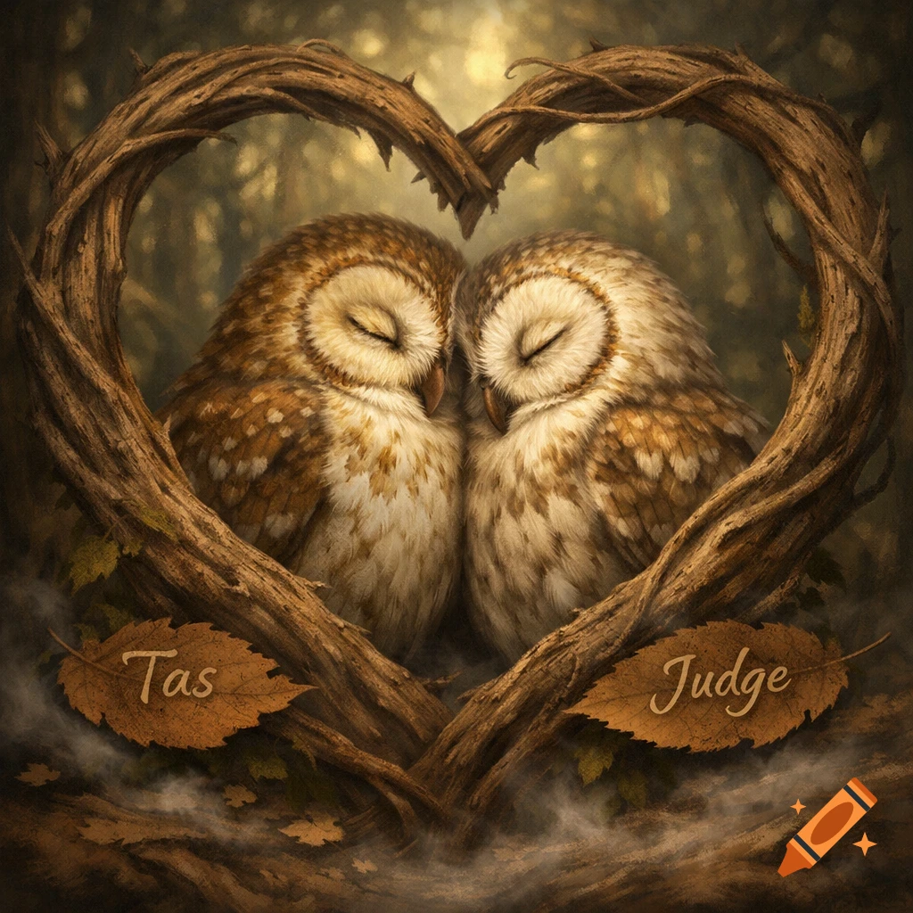 Two fluffy brown and white owls with closed eyes cuddle within a heart-shaped tree branch, with names 'Tas' and 'Judge' on leaves.