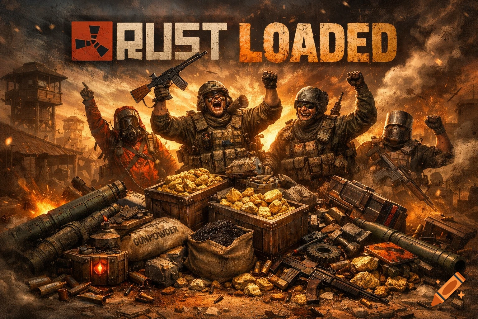 Gritty game art featuring "RUST LOADED" title, armed soldiers cheering amidst explosions, crates of gold, and military gear in a war-torn landscape.