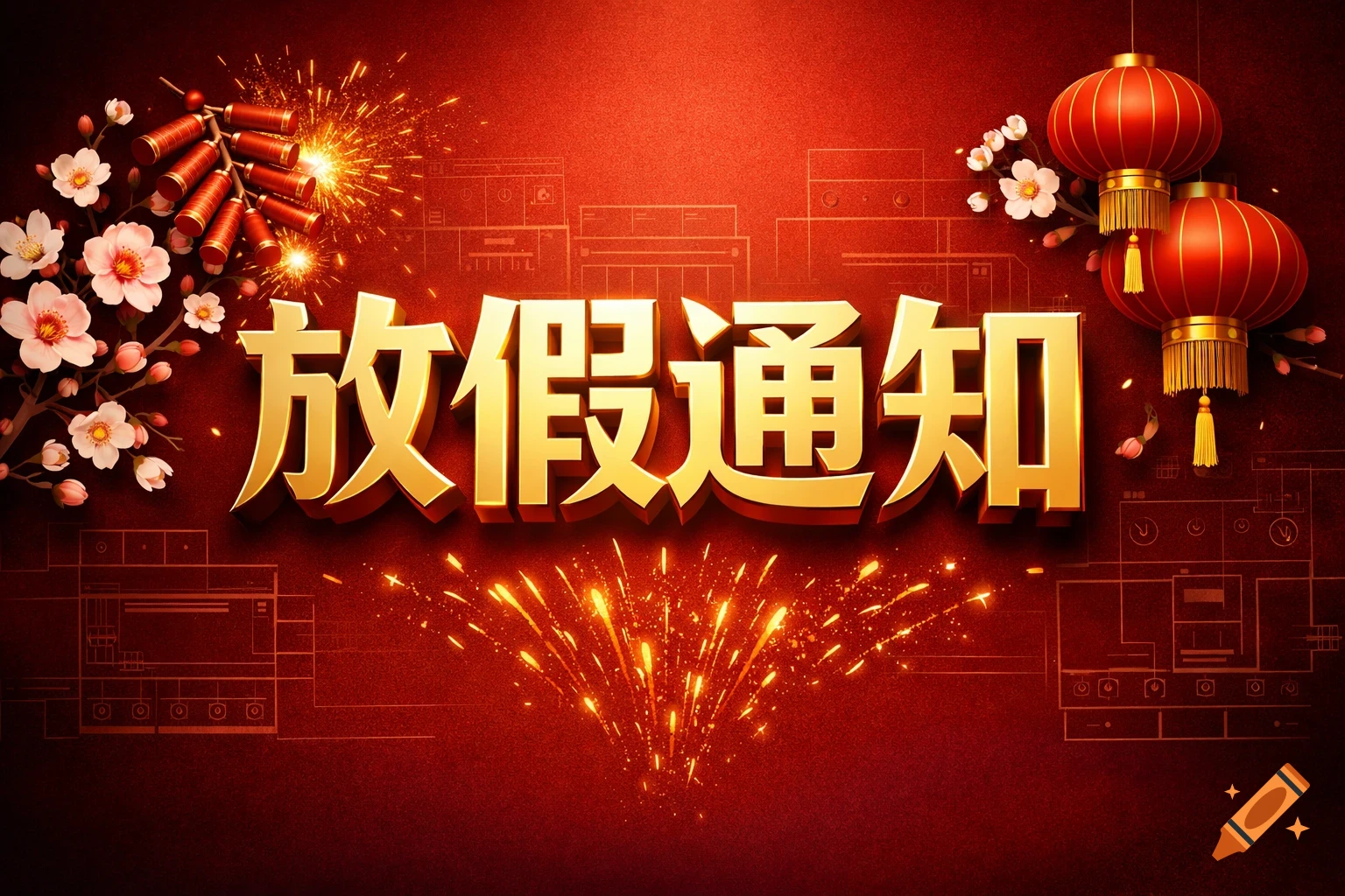 A festive red banner with golden Chinese characters 'Holiday Notice,' firecrackers, cherry blossoms, and red lanterns, with faint circuit diagrams.