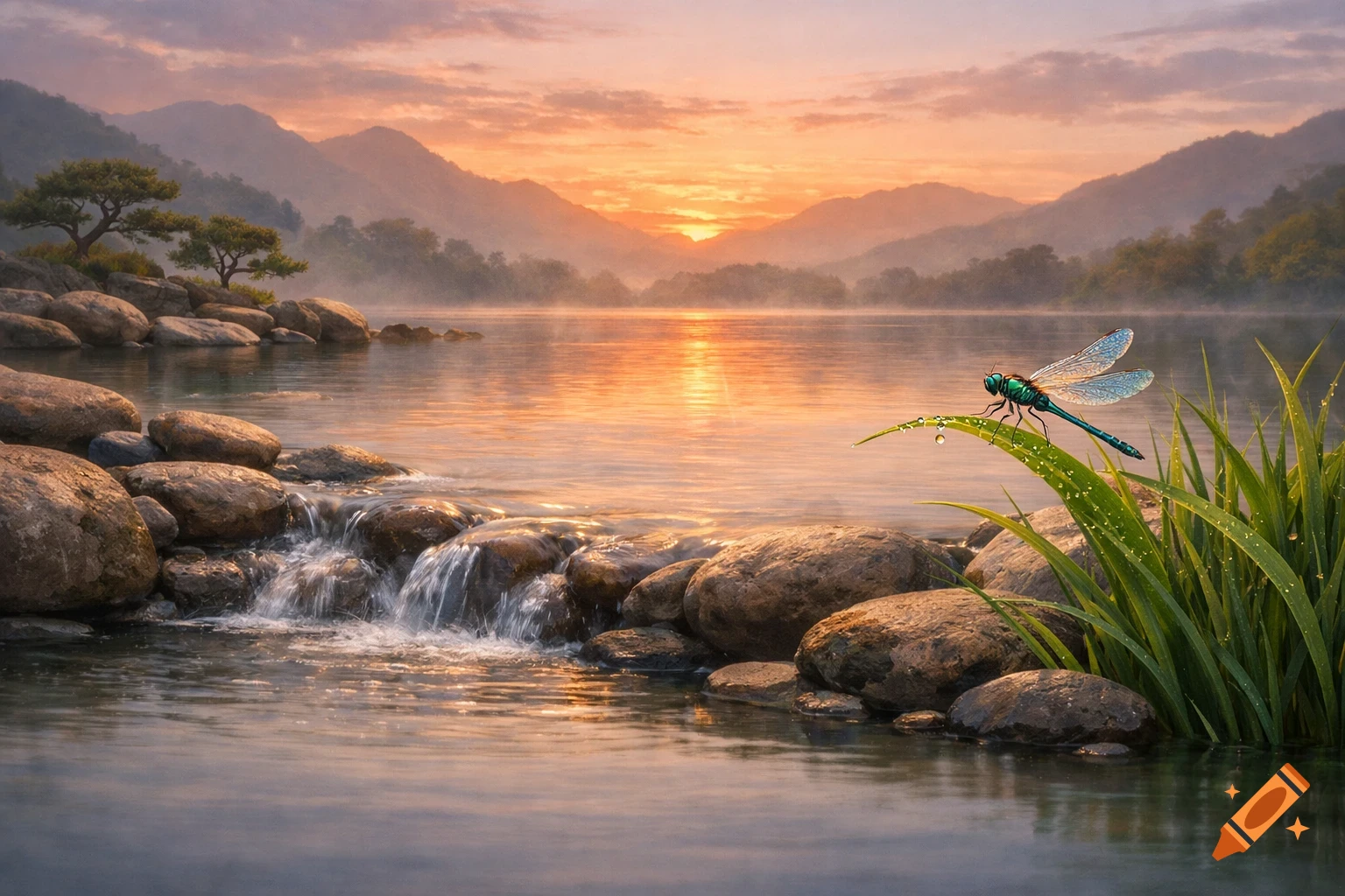 Photorealistic zen landscape with a waterfall, misty lake, mountains, and a vibrant dragonfly on dewy grass at sunset.
