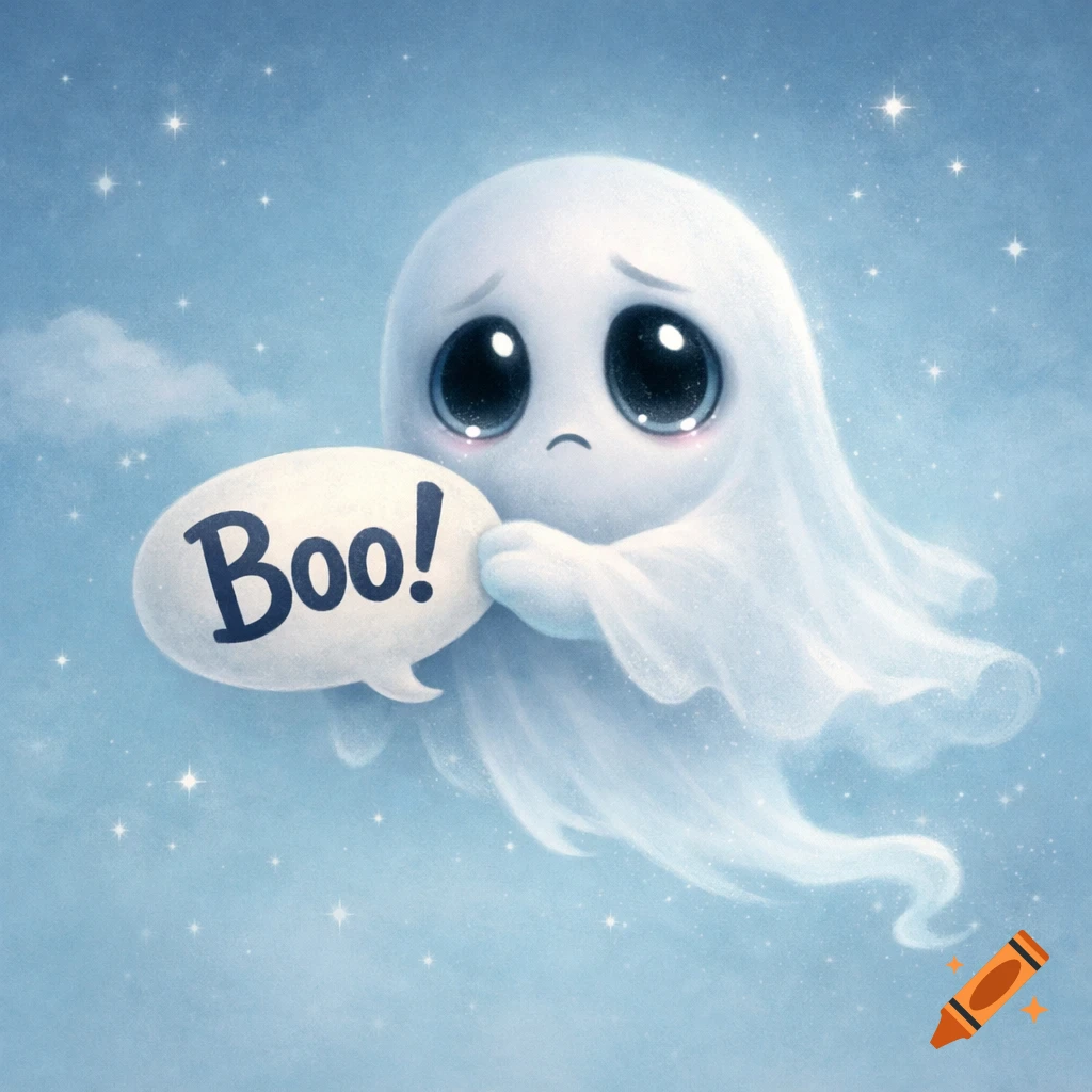 A sad cartoon ghost with big black eyes holds a speech bubble saying 'Boo!', floating in a starry light blue sky.