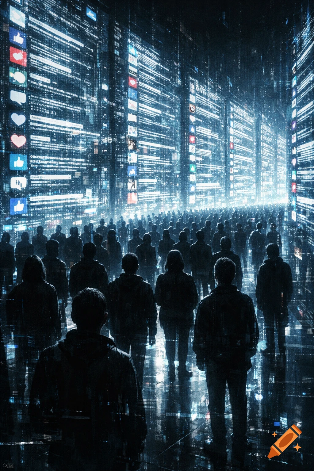 A crowd of people stands in a dark digital space with walls made of glowing social media feeds and icons.