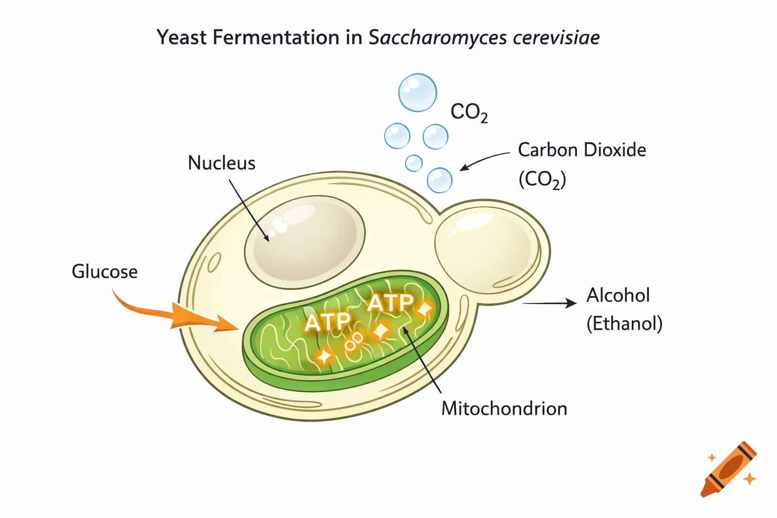 Diagram of yeast fermentation in a cell, showing glucose, nucleus, mitochondrion with ATP, and released CO2 and ethanol.