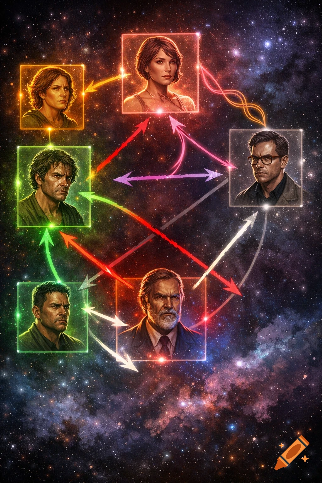 Six character portraits in glowing squares connected by colored arrows, arranged like a constellation against a starry cosmic background.