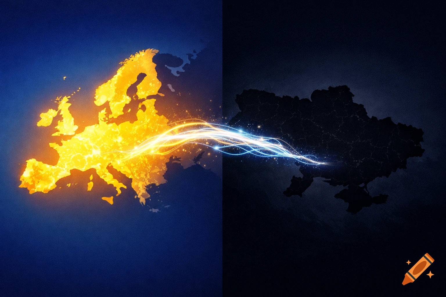 Illustrated maps show a glowing yellow Europe connected by a bright light bridge to a dark, shadowy Ukraine.