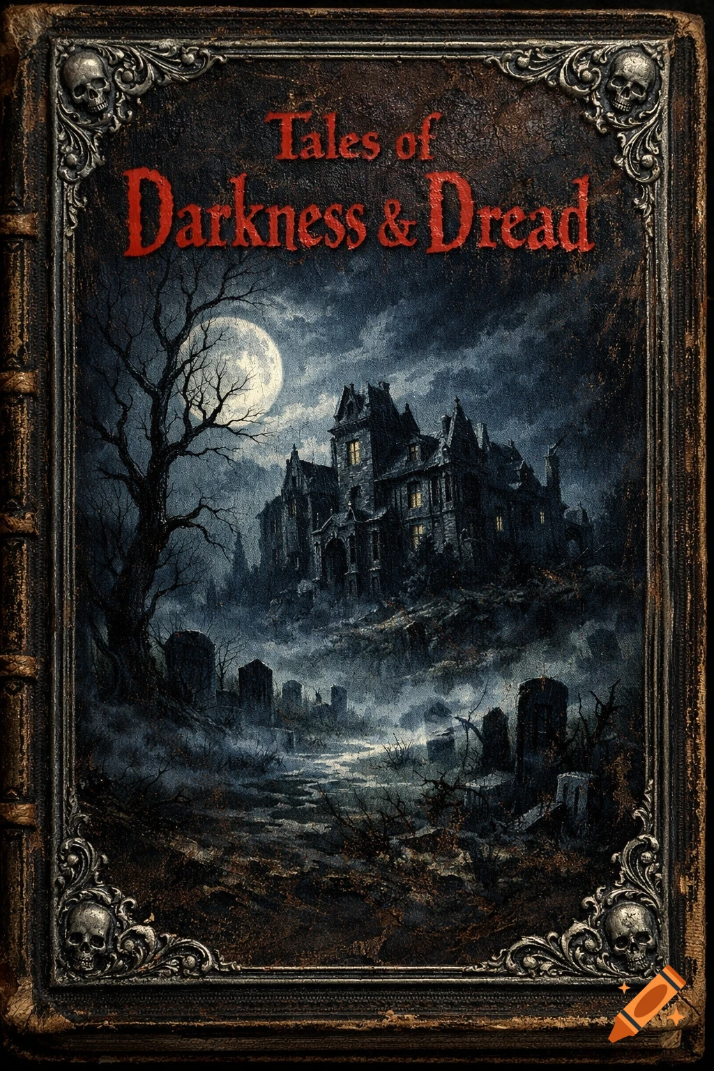 Gothic book cover for "Tales of Darkness & Dread," showing a haunted mansion, full moon, gnarled tree, and misty graveyard with skull embellishments.