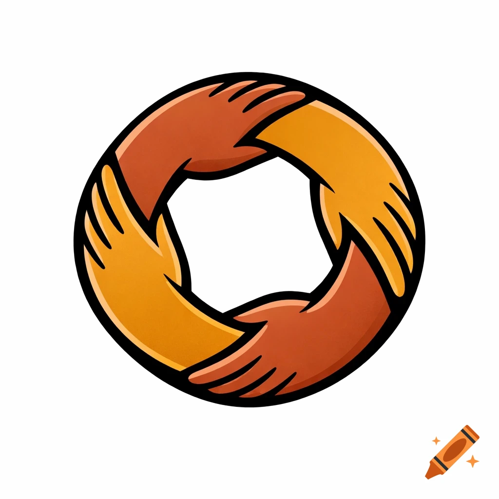 A logo of four stylized hands, two orange and two reddish-brown, interlocked in a circular pattern on a white background.
