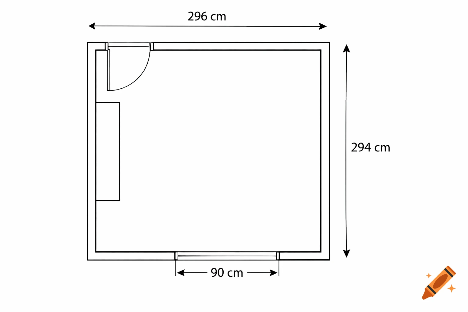 Top-down architectural floor plan of a room, 296 cm by 294 cm, with a door, furniture, and a 90 cm window.