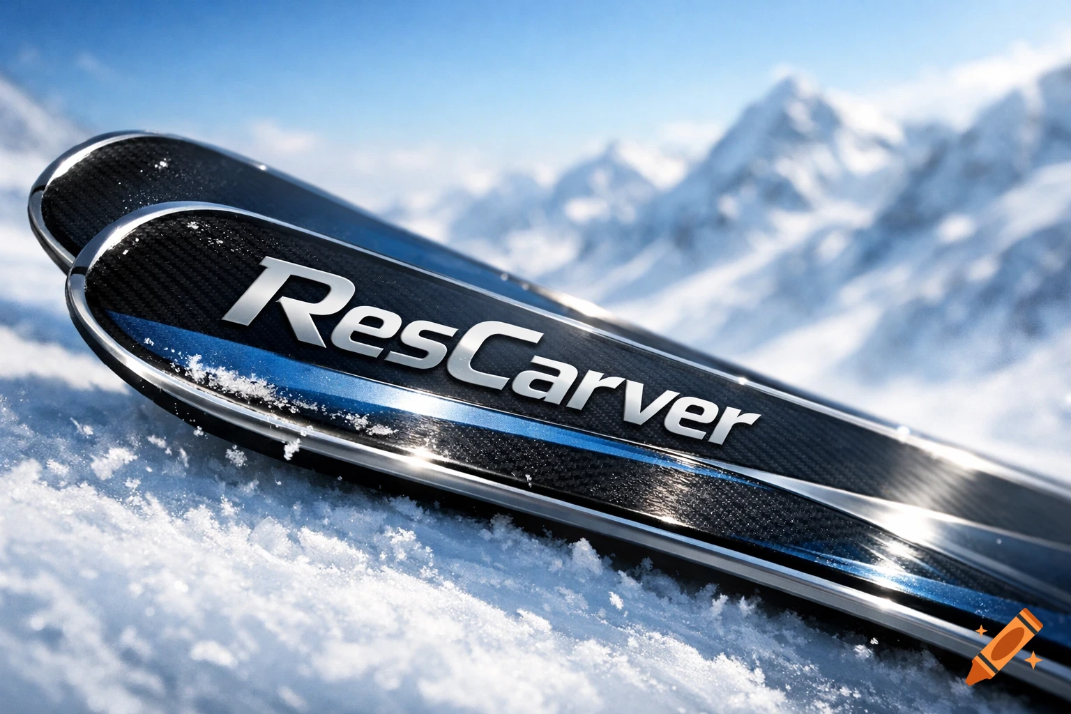 Photorealistic close-up of 'ResCarver' skis in snow, with blue accents and snowy mountains under a clear sky.