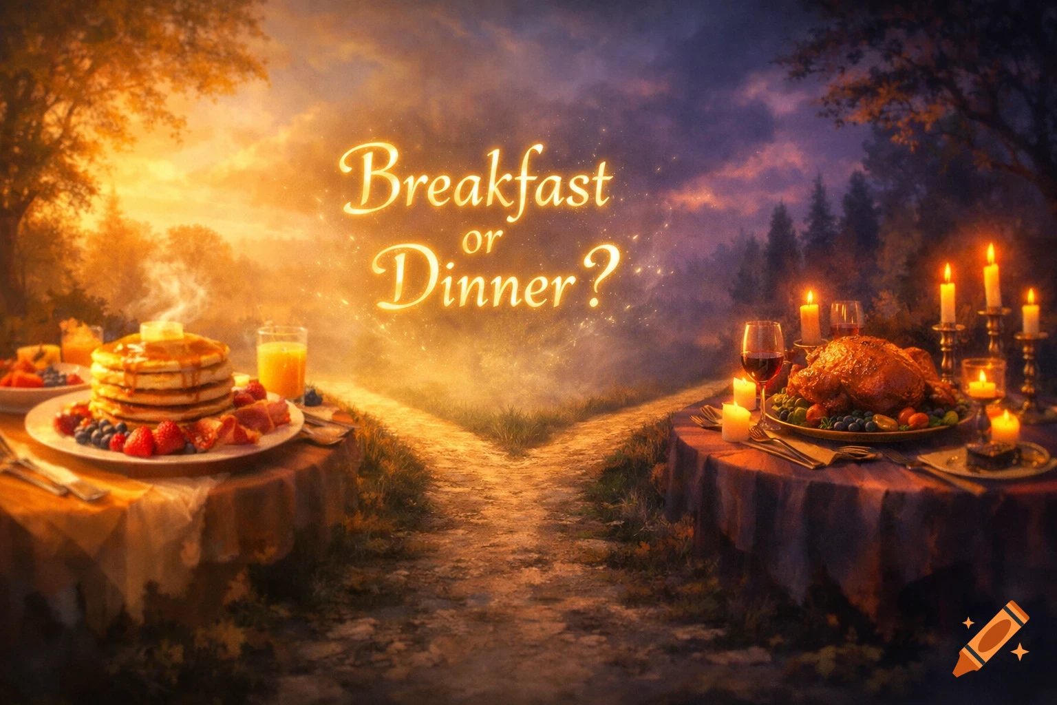 A fantasy image of a path splitting, leading to a breakfast table on the left and a dinner table on the right, with glowing text "Breakfast or Dinner?"