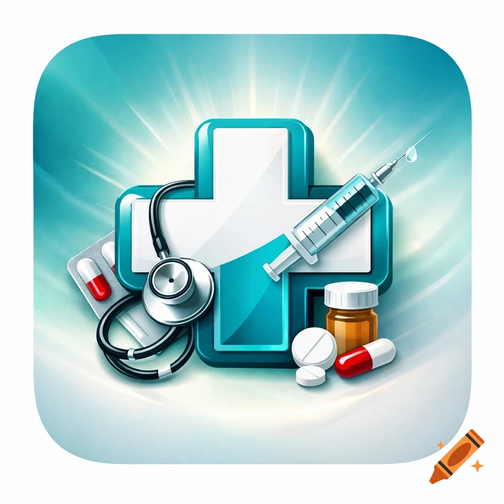 A professional logo featuring a white cross on a teal background, with a stethoscope, syringe, and pills arranged around it, glowing with bright light.