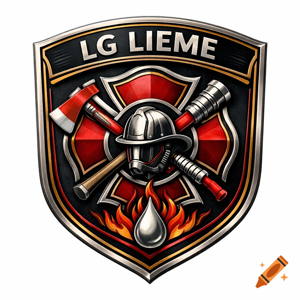 A metallic firefighter emblem with a red Maltese cross background, crossed axe and nozzle, a helmet, flames, a water droplet, and 'LG LIEME' text.