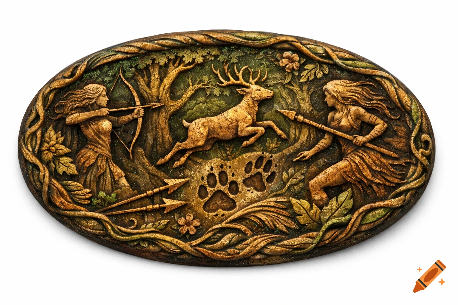 An oval bas-relief artwork depicts two women hunting a deer in a forest, one with a bow and arrow, the other with a spear.