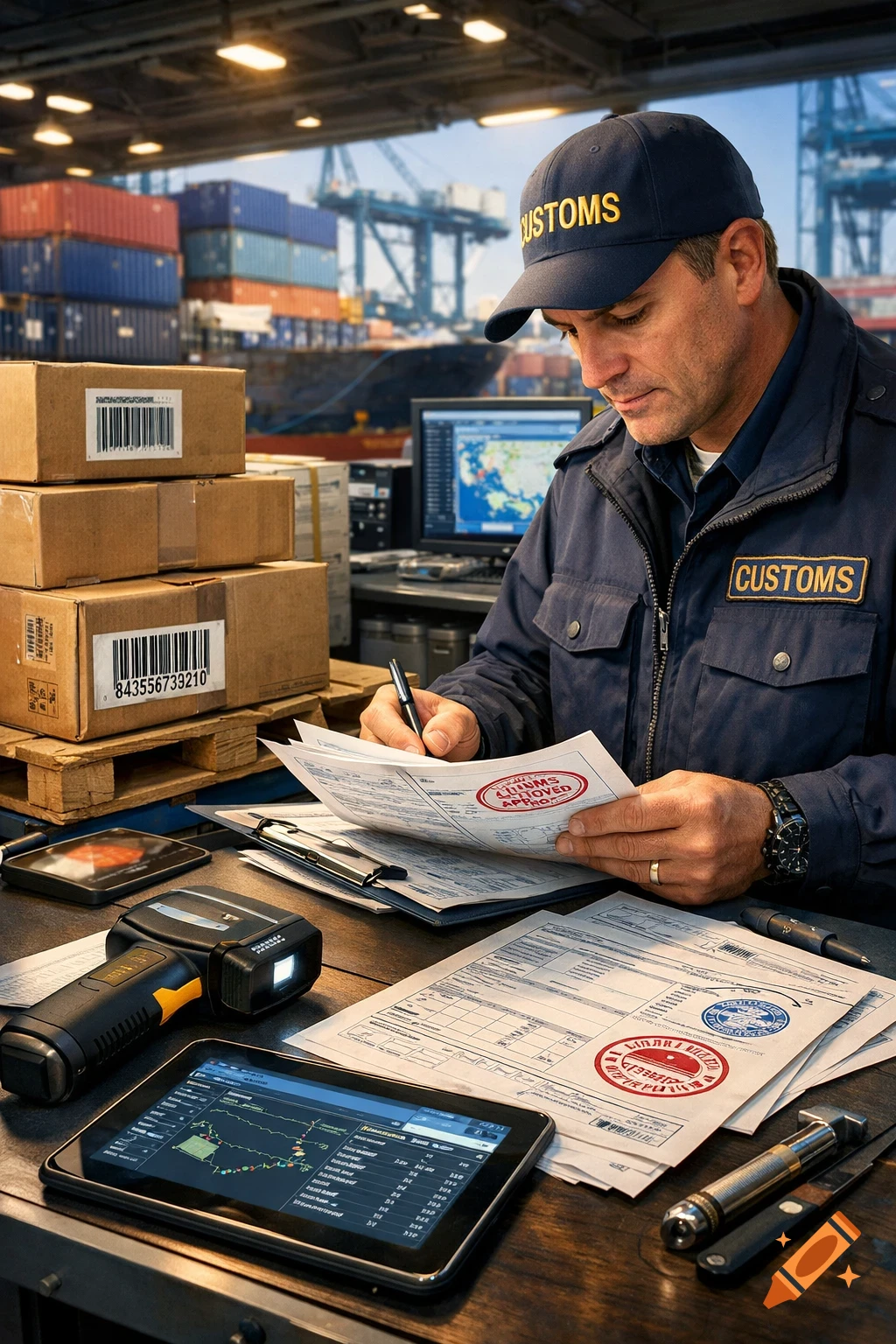 A photorealistic image of a customs officer in uniform working at a desk in a port warehouse, surrounded by shipping boxes, documents, a barcode scanner, and digital screens.