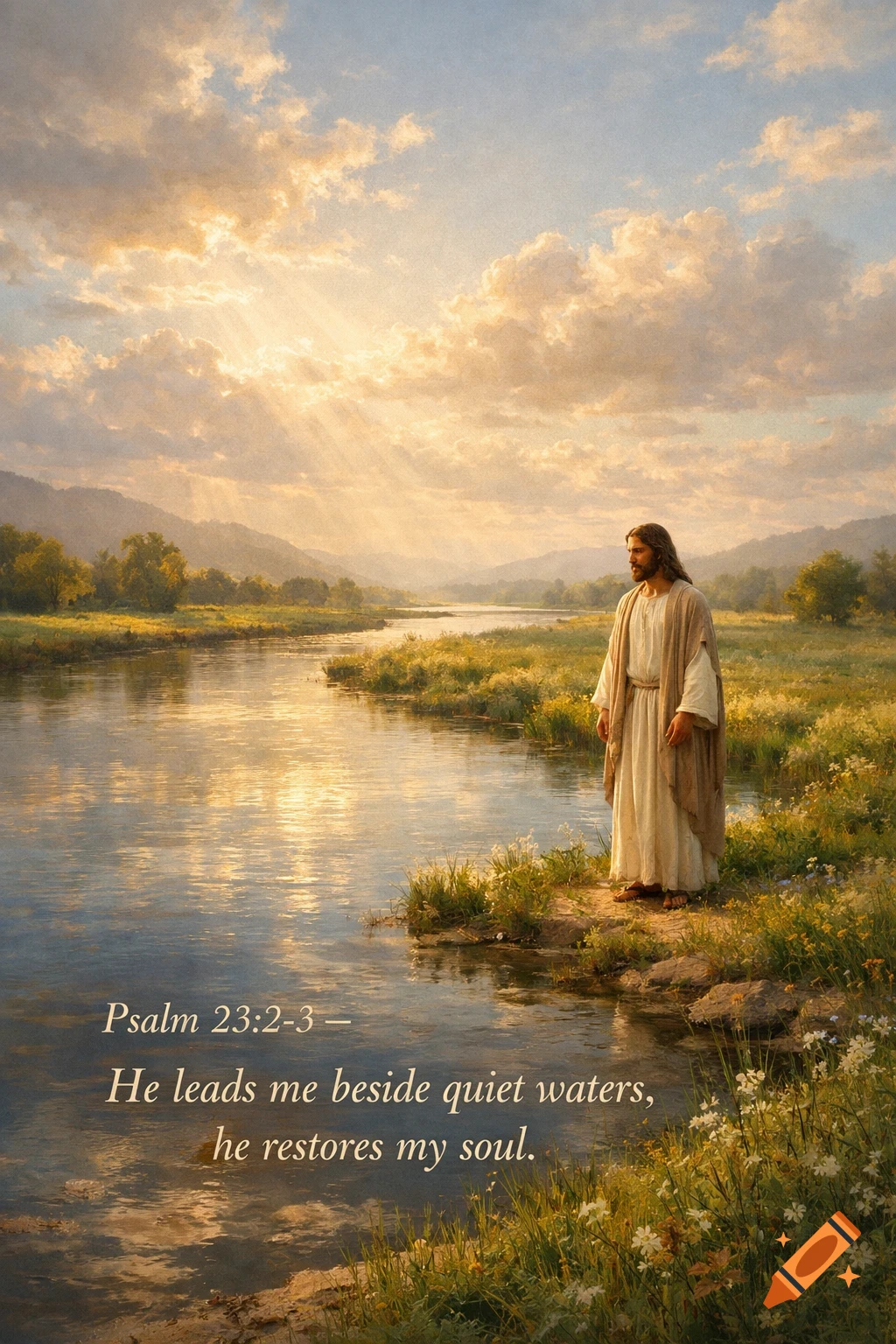 Jesus stands by a serene river in a lush, green landscape under a glowing sunset with a Bible verse overlay.