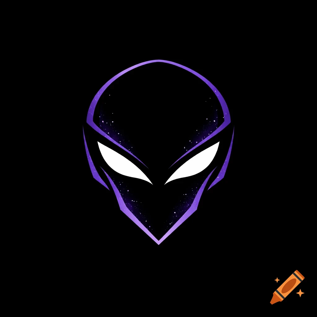 Minimalist alien head logo with purple outlines and a starry galaxy fill against a black background.