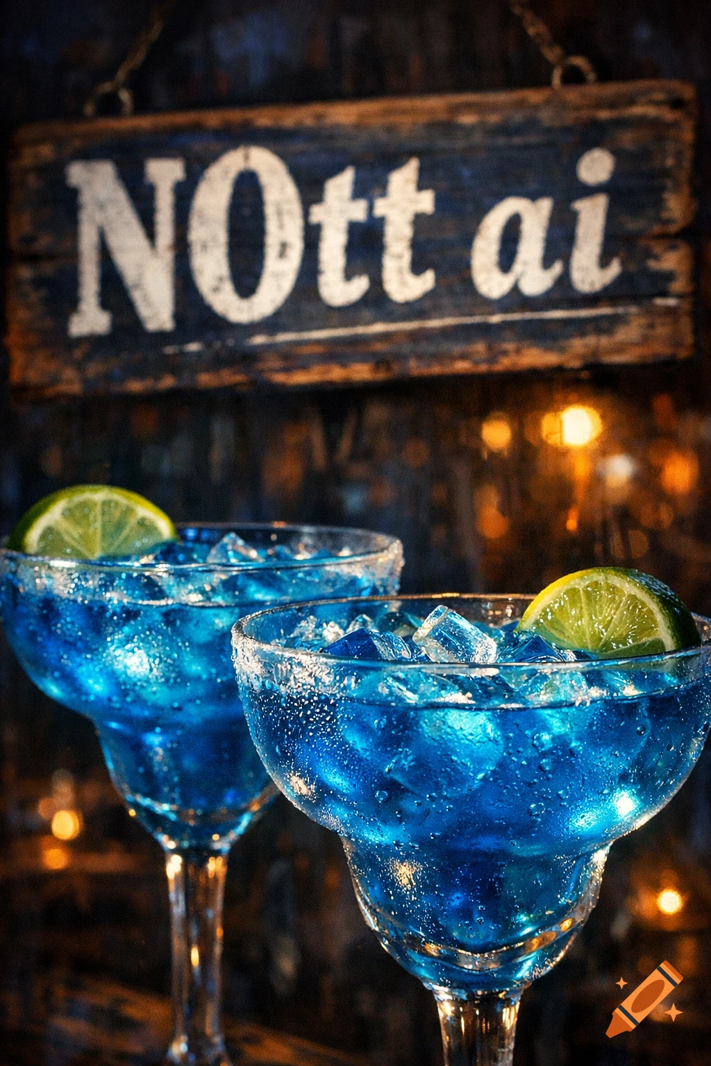 Two vibrant blue cocktails with ice and lime wedges in margarita glasses, with a rustic wooden sign saying 'NOtt ai' in the background.