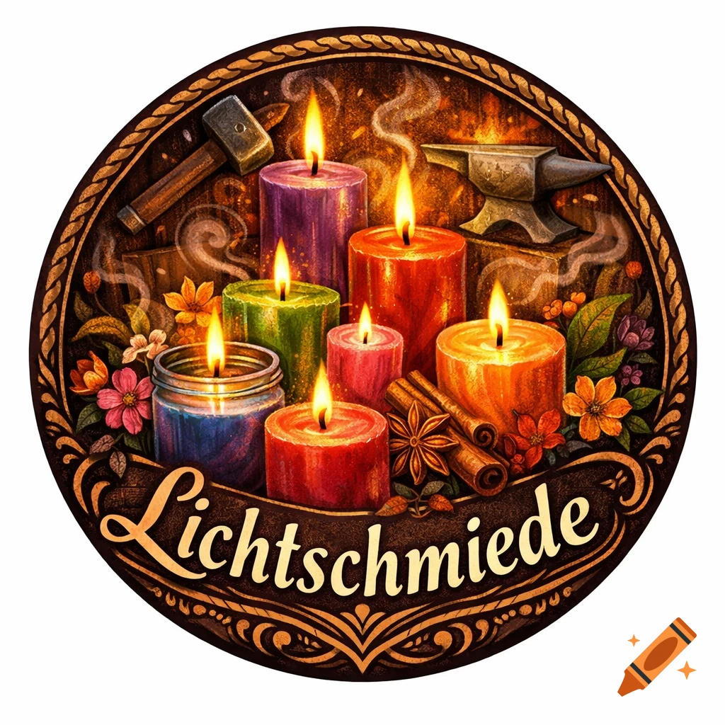 Circular logo for 'Lichtschmiede' featuring lit colorful candles, a hammer, an anvil, and decorative flowers in an illustrative style.