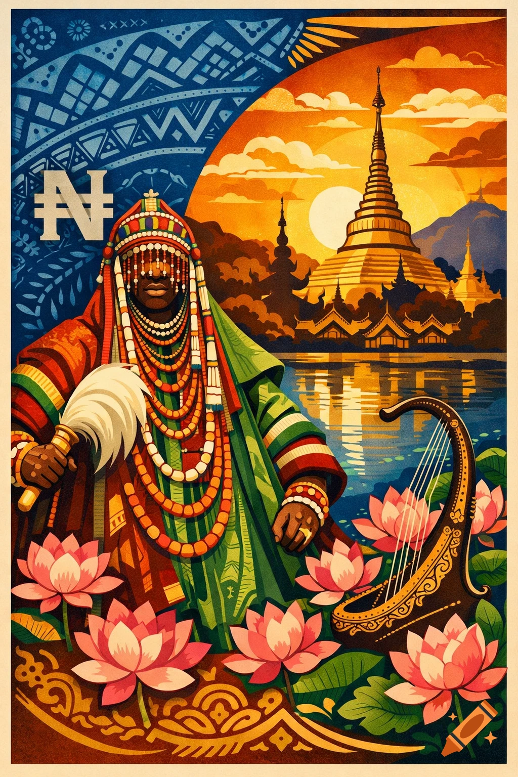 Vibrant poster art with a figure in traditional attire on a blue background and a golden pagoda at sunset over water, lotus flowers.