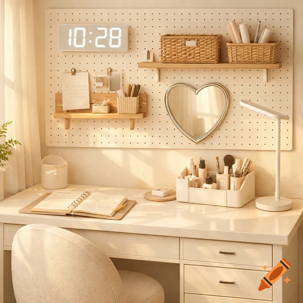 A minimalist and cozy home office desk setup with a white pegboard, LED clock, heart mirror, and an open planner on the desk.