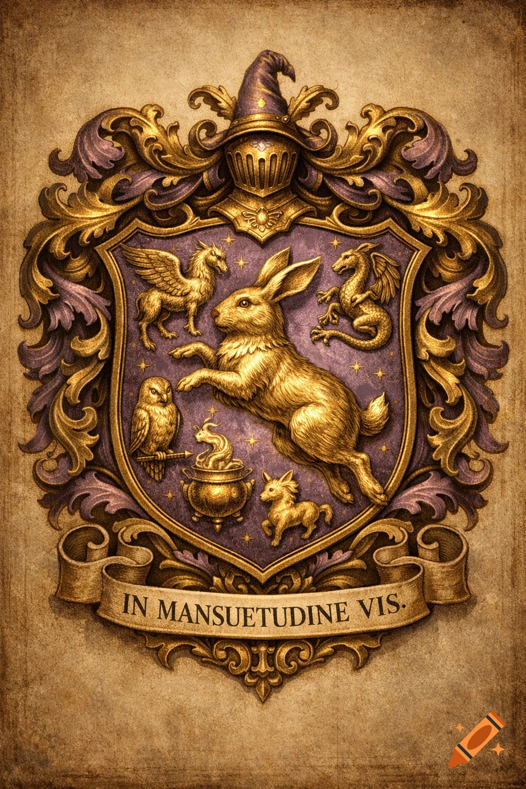 An ornate gold and purple coat of arms with a leaping golden rabbit, wizard's hat, and mythical creatures. Banner reads "IN MANSUETUDINE VIS."