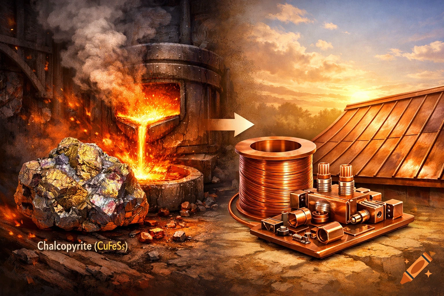 A diagram illustrating chalcopyrite ore being smelted into molten copper, then refined into copper wire and various components under a sunset sky.