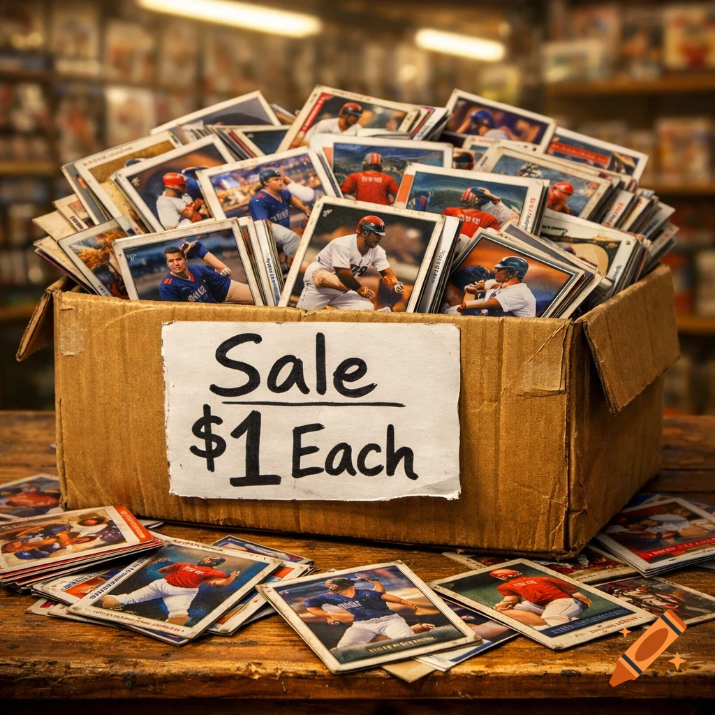 A cardboard box filled with baseball trading cards with a 'Sale $1 Each' sign, on a wooden table with scattered cards.