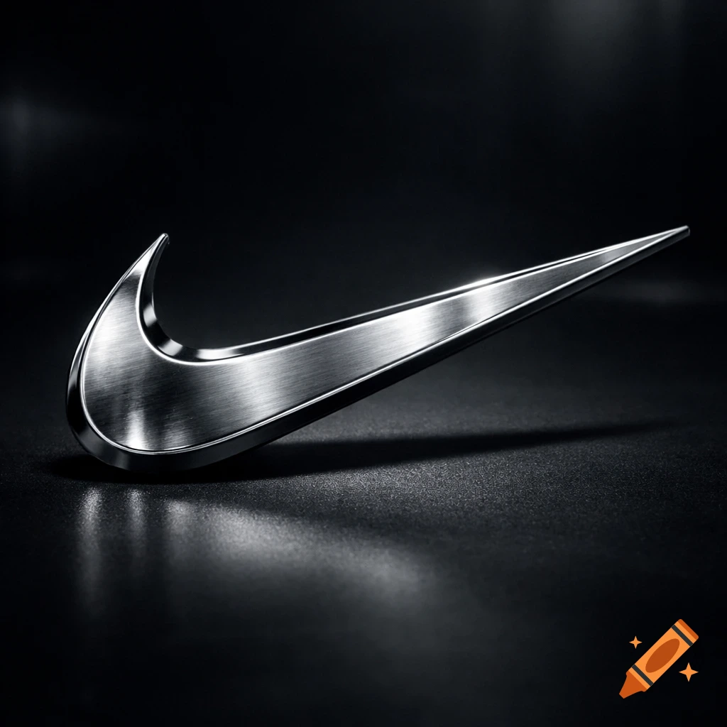 A shiny, brushed metal Nike swoosh logo on a dark, reflective surface with subtle reflections.