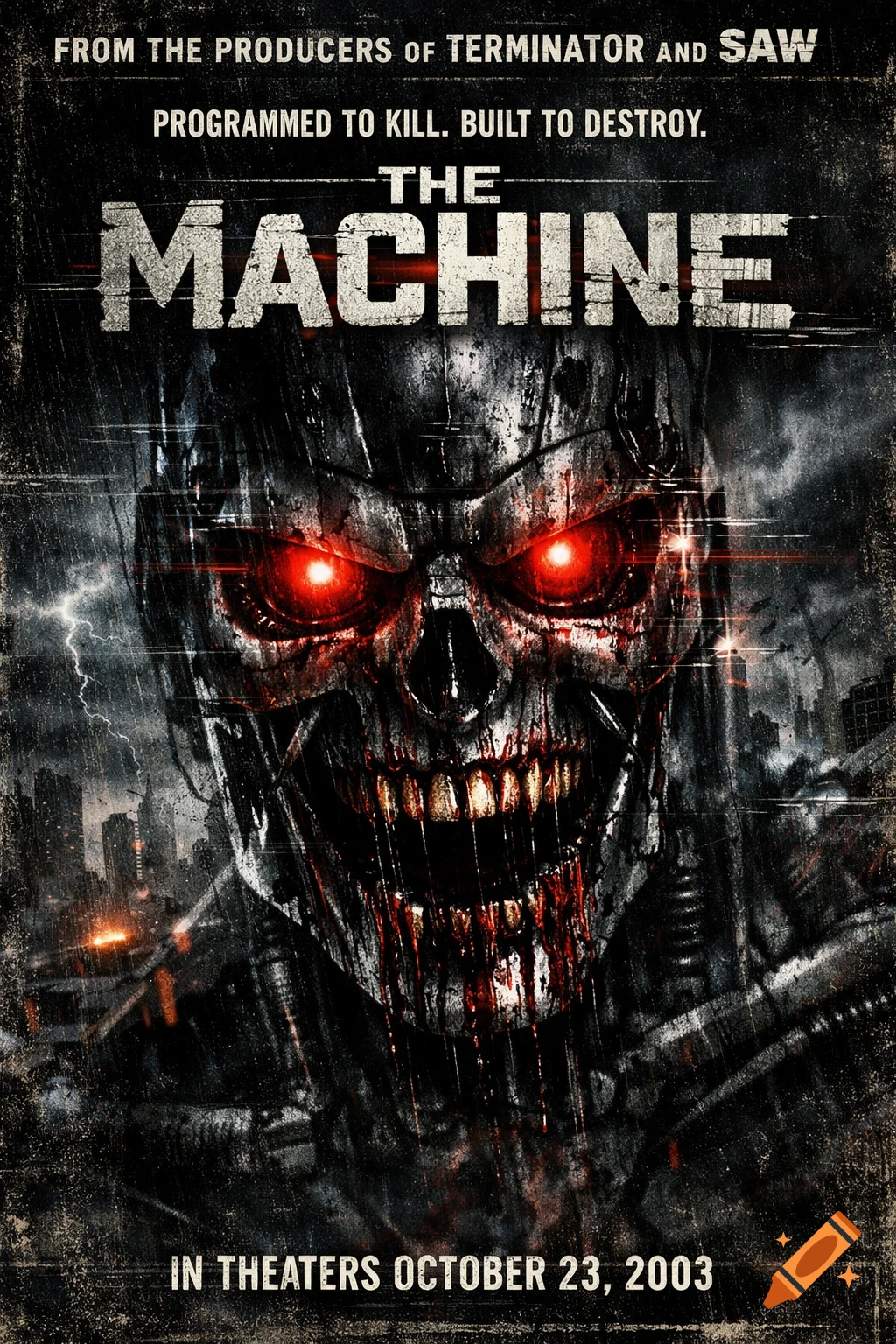 A horror movie poster for "The Machine" featuring a bloodied, skeletal robot with glowing red eyes amid a stormy, destroyed city, with text about producers and release date.