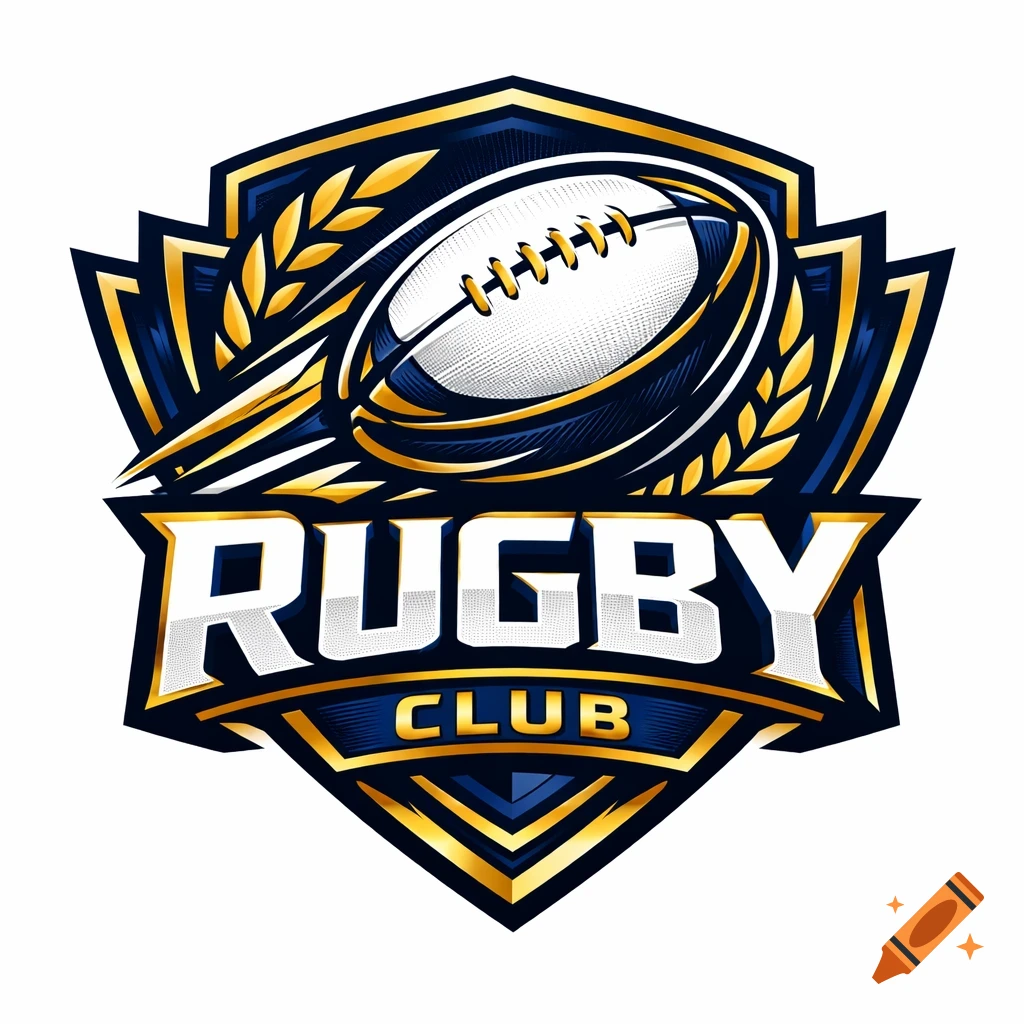 A stylized rugby club logo in blue and gold, featuring a white rugby ball, laurel leaves, and the text "RUGBY CLUB".