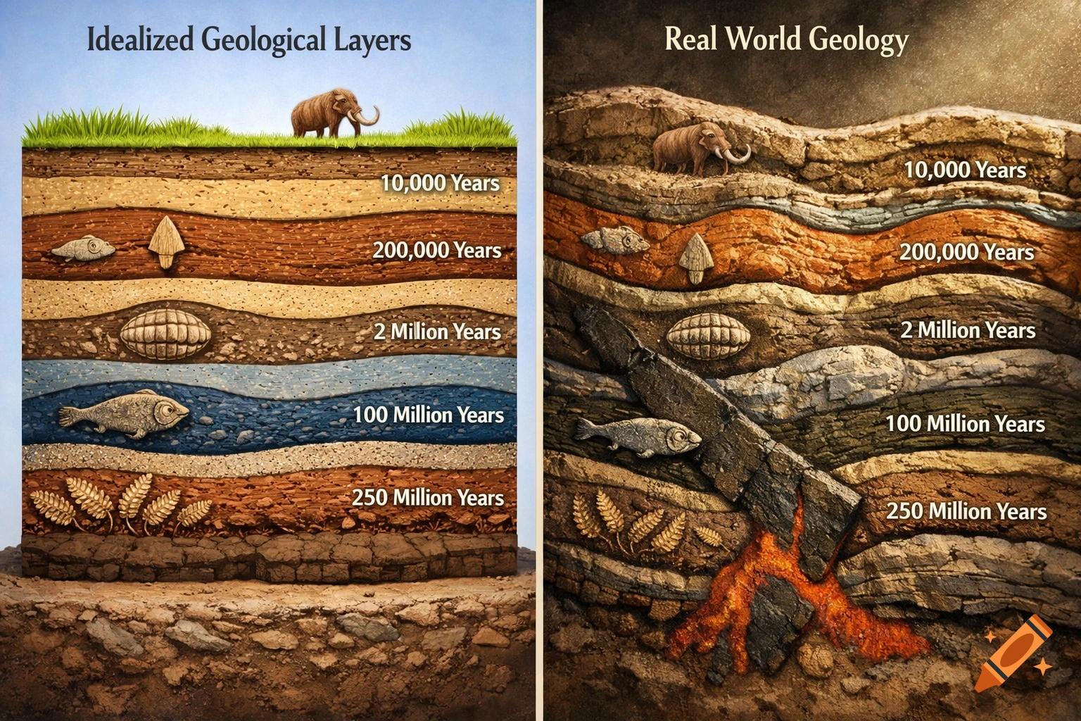 A split image showing idealized geological layers on the left and real-world geology with wavy layers and magma on the right. Both depict fossils and age labels.