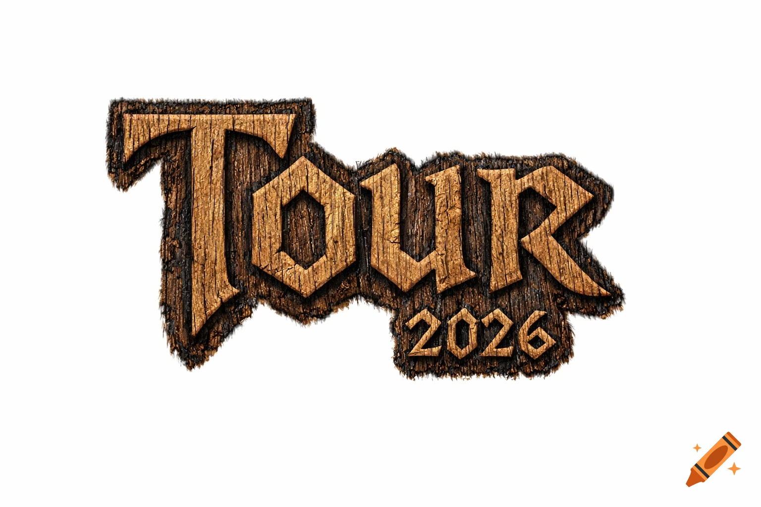 The word "TOUR" above "2026" in a bold, wood-burned, Viking-style font with a rustic, dark edge, on a white background.