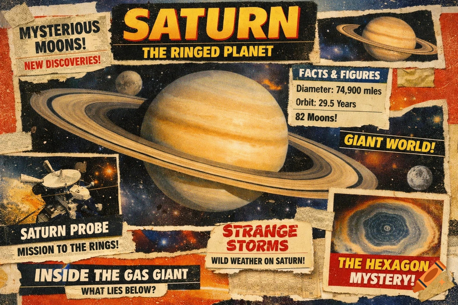A vintage 90s-style magazine collage about Saturn, featuring the planet, its moons, a probe, and headlines about its characteristics, storms, and the hexagon mystery.