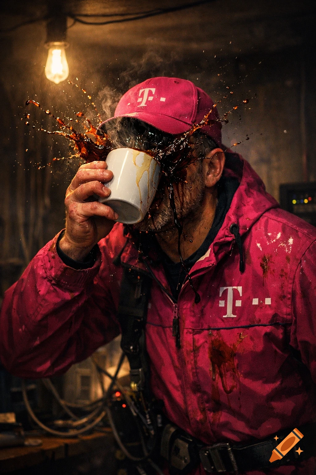 Man in pink uniform and cap getting coffee splashed in his face from a white cup, dramatic lighting, photorealistic style.