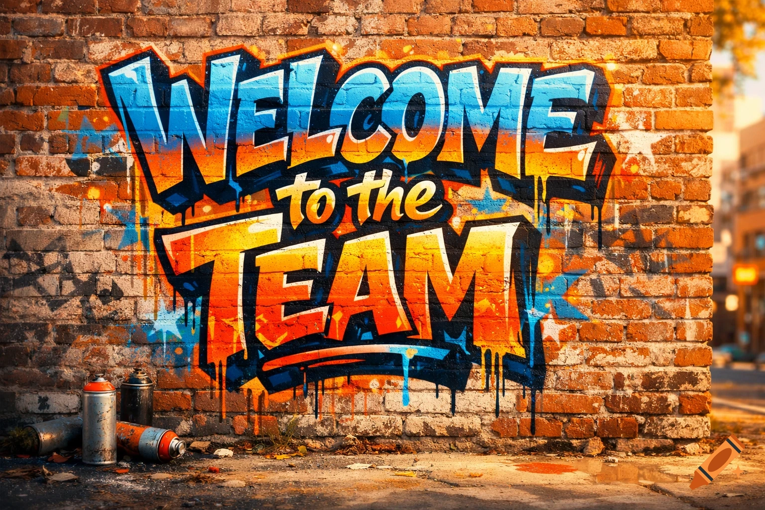Colorful graffiti on a brick wall reads "WELCOME to the TEAM" with spray cans on the ground in an urban setting.