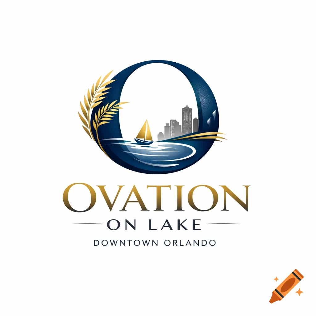 A sophisticated blue and gold logo for Ovation on Lake, featuring a sailboat and city skyline inside a stylized 'O', with text 'Ovation On Lake Downtown Orlando'.