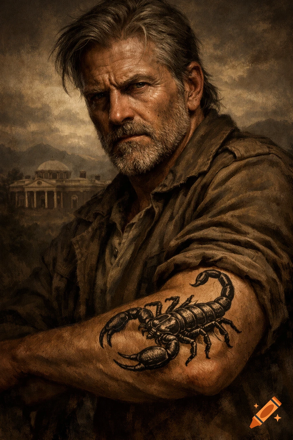 Detailed portrait of a stern, bearded man with a scorpion tattoo on his arm, with a classical building in the background.