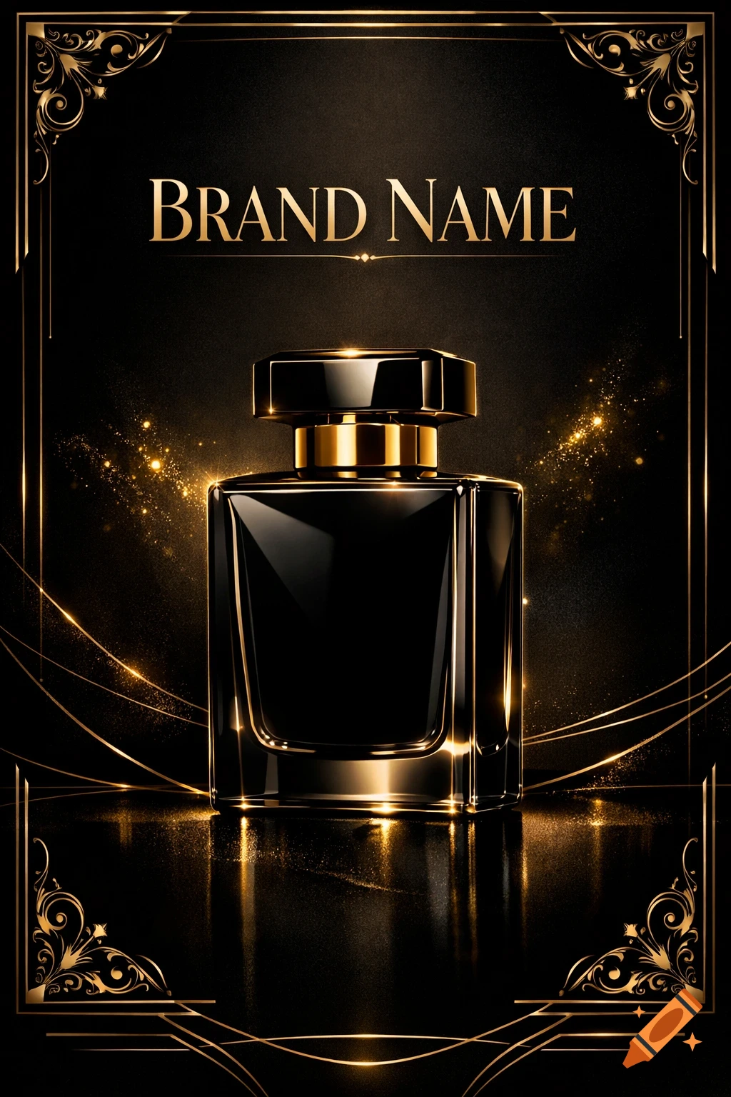 A luxurious black and gold perfume bottle with 'BRAND NAME' at the top, set against a sparkling dark background with ornate golden borders.