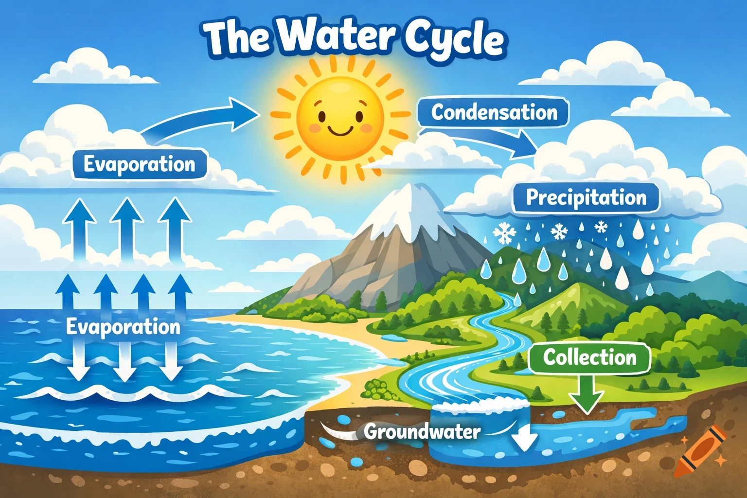 Colorful cartoon infographic illustrating the water cycle with labels for evaporation, condensation, precipitation, and collection.