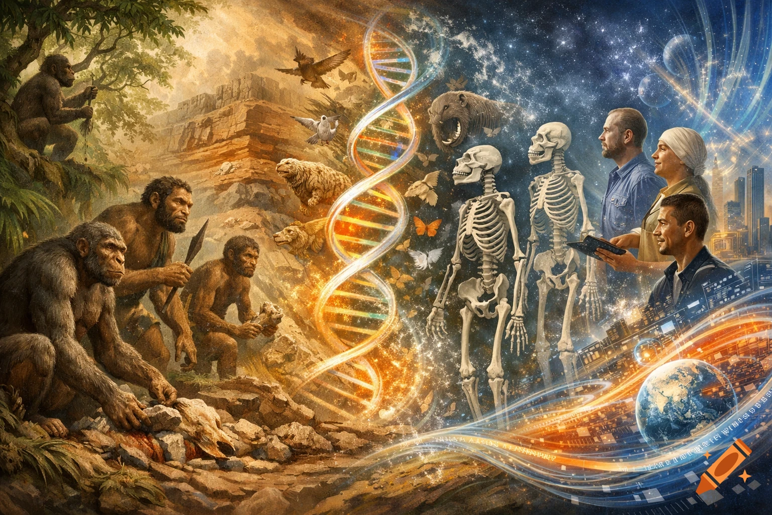 A split image showing the evolution of humanity: primitive hominids and monkeys on the left, merging with a glowing DNA helix and skeletons, leading to modern humans, Earth, and a futuristic city on the right.