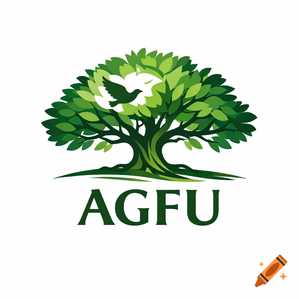 A green logo depicting a tree with a bird flying through its leaves, and the text "AGFU" below.