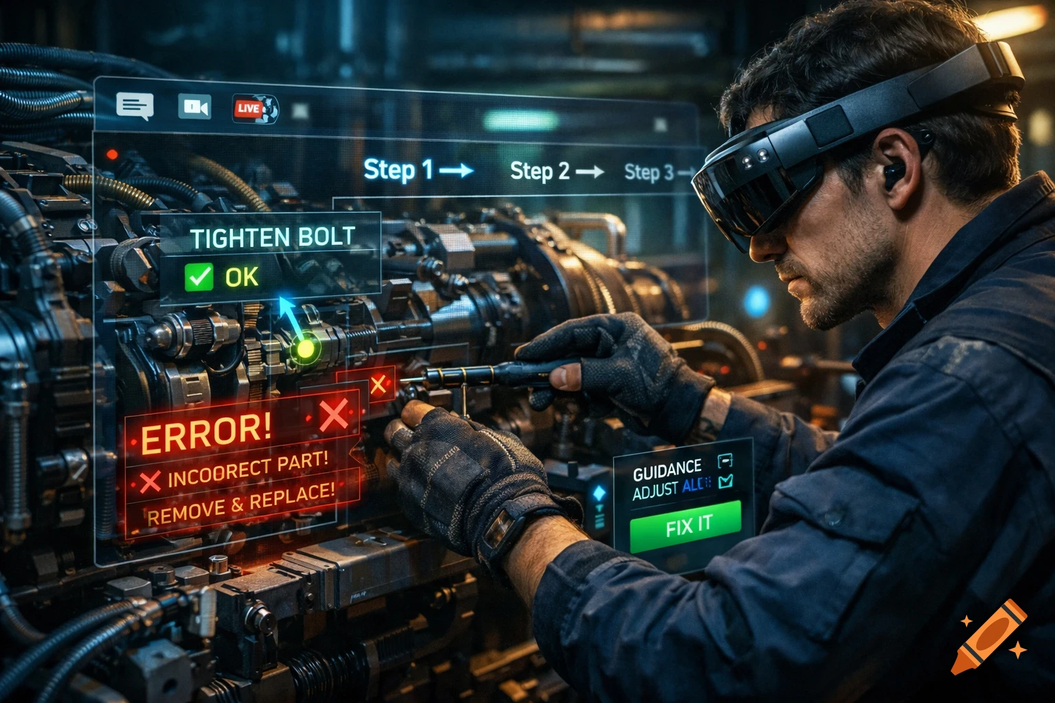 Technician in AR glasses uses augmented reality overlays to repair complex machinery in a realistic industrial setting.