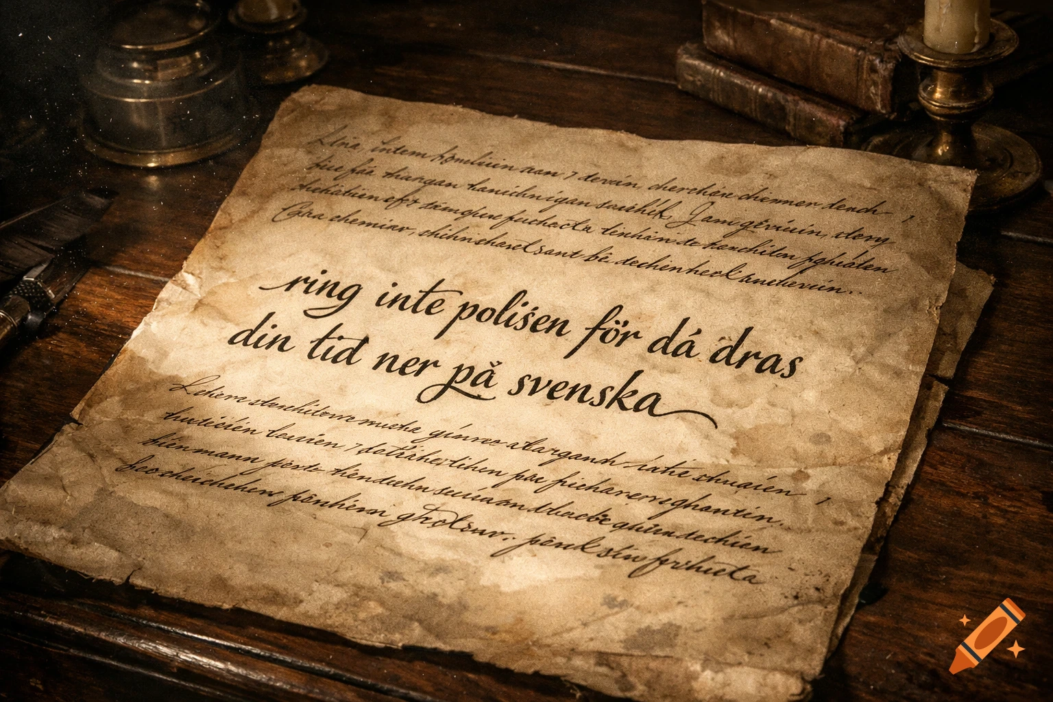 An old, crumpled letter with handwritten Swedish text 'ring inte polisen för då dras din tid ner på svenska' on a dark wooden desk with antique items.