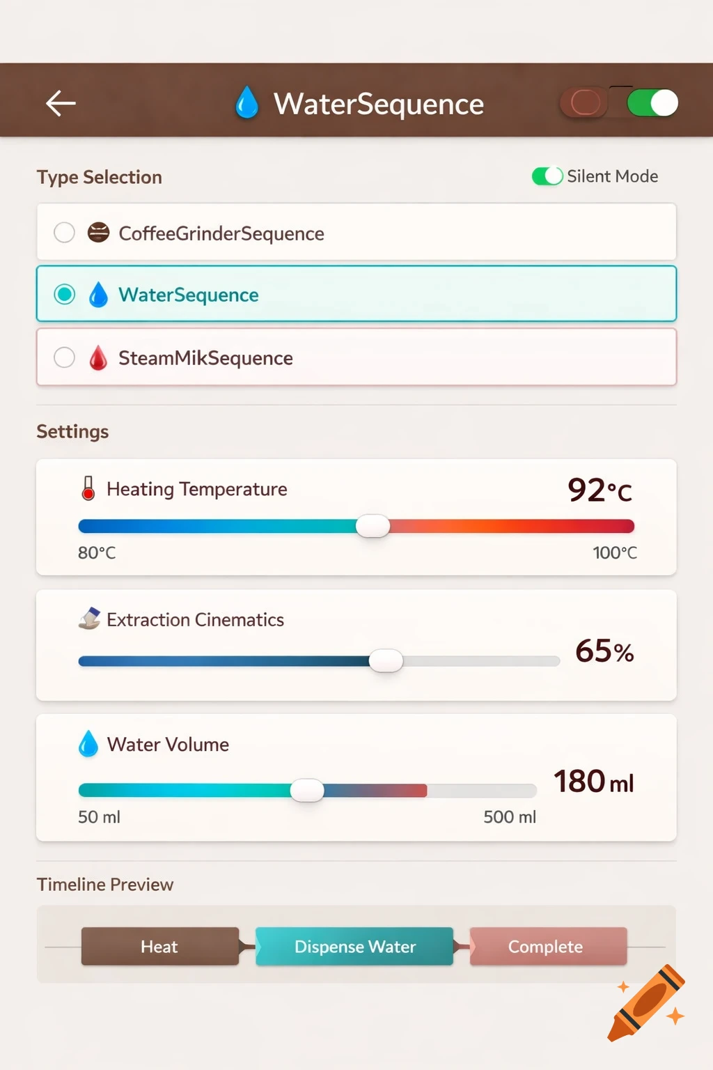 A modern, minimalist user interface for a beverage sequence configuration software, showing options for CoffeeGrinder, Water, and SteamMilk sequences, with settings for heating temperature, extraction kinematics, and water volume. A timeline preview shows Heat, Dispense Water, and Complete stages.