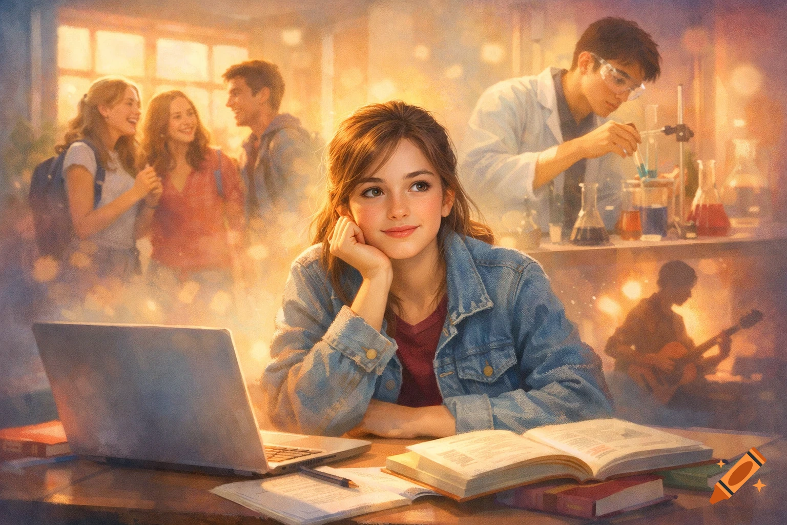 Digital painting of a young woman studying with a laptop and books, surrounded by blurred classmates in a warm, dreamy setting.