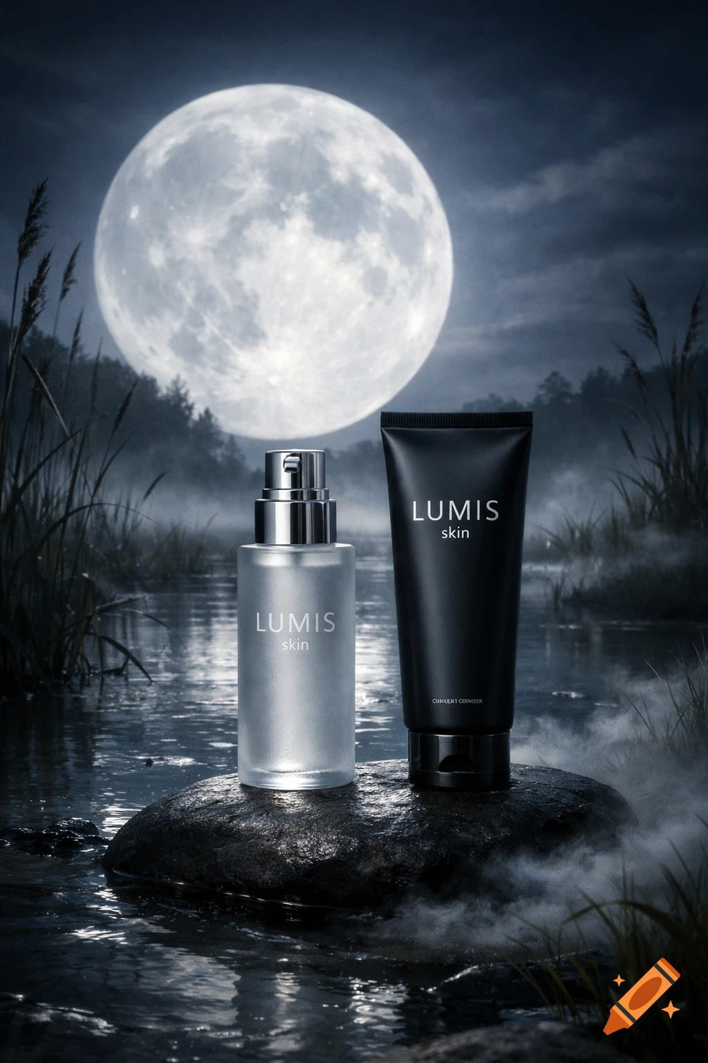 Two LUMIS skin products, a bottle and a tube, sit on a rock in a marsh at night under a huge full moon.