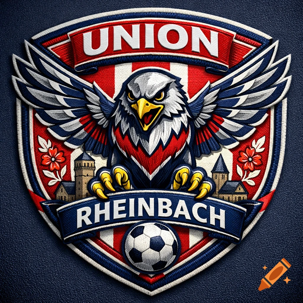 Embroidered sports crest with a white and blue eagle, "UNION" at the top, "RHEINBACH" in the middle, and a soccer ball below.